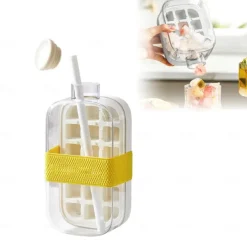 Ice Cube Bottle, 2 in 1 Touch-Free Ice Cube Tray Water Bottle with Lid and Bin, Ice Cube Making Bottle, Easy Press to Release Vertical Ice Cube Tray with straw tie