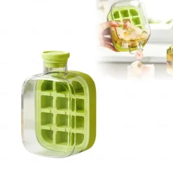 Ice Cube Bottle, 2 in 1 Touch-Free Ice Cube Tray Water Bottle with Lid and Bin, Ice Cube Making Bottle, Easy Press to Release Vertical Ice Cube Tray with straw tie