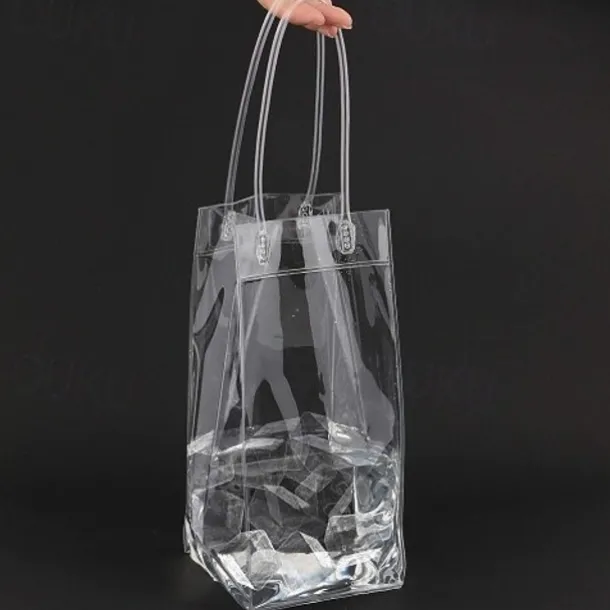 Ice Wine Bag, Clear Portable Collapsible Wine Cooler Bags with Handle, PVC Wine Pouch Bags for Champagne Cold Beer White Wine Chilled Beverages