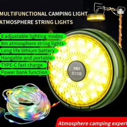 2-in-1 Camping Light LED Reel String Lights Outdoor Camping Lamp Recyclable LED Atmosphere Light for Garden Tent Room Decor