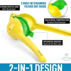 2-In-1 Lemon Lime Squeezer - Hand Juicer Lemon Squeezer - Max Extraction Manual Citrus Juicer (Vibrant Yellow and Blue Atoll)