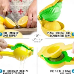 2-In-1 Lemon Lime Squeezer - Hand Juicer Lemon Squeezer - Max Extraction Manual Citrus Juicer (Vibrant Yellow and Blue Atoll)