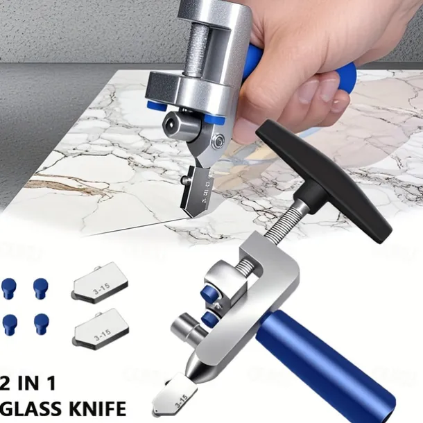 2-in-1 Manual Glass & Tile Cutter with Diamond Roller Wheel - Precision Cutting Tool for DIY & Construction, Adjustable Metal Base & Clamps, Lightweight Portable Design
