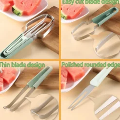 3-in-1 Watermelon Fork Slicer Cutter, Stainless Steel Watermelon Popsicle Cutter Watermelon Cutter Slicer Tool Melon Cutter Knife Portability Fruit Fork for Camping Kitchen Gadgets
