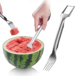 2-in-1 Watermelon Fork Watermelon Slicer Cutter Dual Head Stainless Steel Fruit Cutter Carving Tool for Home Party Family Camping