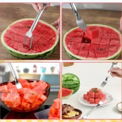 2-in-1 Watermelon Fork Watermelon Slicer Cutter Dual Head Stainless Steel Fruit Cutter Carving Tool for Home Party Family Camping