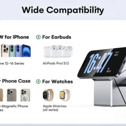 3-in-1 Wireless Charging Station for iPhone, Fast Wireless Charging Station Compatible with Mag-Safe Charger,Magnetic Foldable Travel Charger Stand Nightstand for iPhone ,Apple Watch, AirPods