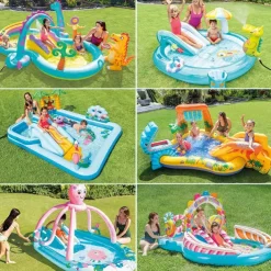 Inflatable Dinosaur Play Center Outdoor Playhouse Inflatable Water Park with Kid Pool Slide, Water Sprayer, Waterfall, and 6 Balls, Multicolor