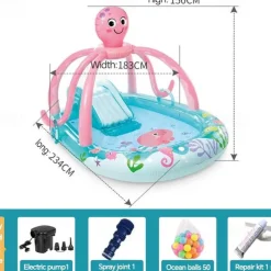 Inflatable Dinosaur Play Center Outdoor Playhouse Inflatable Water Park with Kid Pool Slide, Water Sprayer, Waterfall, and 6 Balls, Multicolor