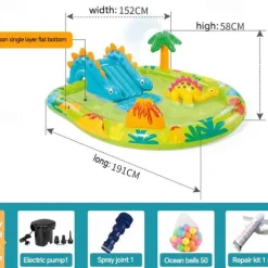 Inflatable Dinosaur Play Center Outdoor Playhouse Inflatable Water Park with Kid Pool Slide, Water Sprayer, Waterfall, and 6 Balls, Multicolor