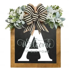 Initial Last Name Year Round Front Door Wreath Welcome Sign Garland Personalized Creative 26 Letter Farmhouse Wreath for Front Door Spring All Seasons Outside Hanger Decor Gift