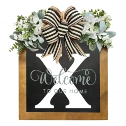 Initial Last Name Year Round Front Door Wreath Welcome Sign Garland Personalized Creative 26 Letter Farmhouse Wreath for Front Door Spring All Seasons Outside Hanger Decor Gift