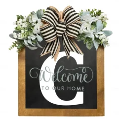 Initial Last Name Year Round Front Door Wreath Welcome Sign Garland Personalized Creative 26 Letter Farmhouse Wreath for Front Door Spring All Seasons Outside Hanger Decor Gift