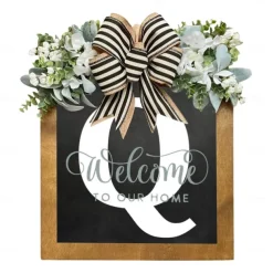 Initial Last Name Year Round Front Door Wreath Welcome Sign Garland Personalized Creative 26 Letter Farmhouse Wreath for Front Door Spring All Seasons Outside Hanger Decor Gift