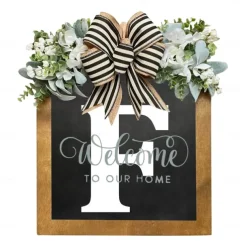 Initial Last Name Year Round Front Door Wreath Welcome Sign Garland Personalized Creative 26 Letter Farmhouse Wreath for Front Door Spring All Seasons Outside Hanger Decor Gift