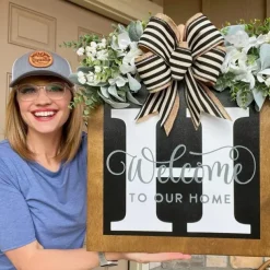 Initial Last Name Year Round Front Door Wreath Welcome Sign Garland Personalized Creative 26 Letter Farmhouse Wreath for Front Door Spring All Seasons Outside Hanger Decor Gift