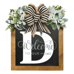 Initial Last Name Year Round Front Door Wreath Welcome Sign Garland Personalized Creative 26 Letter Farmhouse Wreath for Front Door Spring All Seasons Outside Hanger Decor Gift