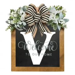 Initial Last Name Year Round Front Door Wreath Welcome Sign Garland Personalized Creative 26 Letter Farmhouse Wreath for Front Door Spring All Seasons Outside Hanger Decor Gift