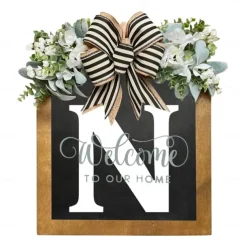 Initial Last Name Year Round Front Door Wreath Welcome Sign Garland Personalized Creative 26 Letter Farmhouse Wreath for Front Door Spring All Seasons Outside Hanger Decor Gift