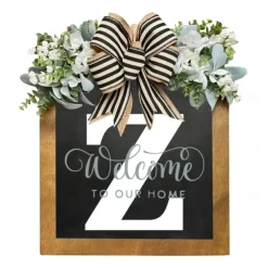 Initial Last Name Year Round Front Door Wreath Welcome Sign Garland Personalized Creative 26 Letter Farmhouse Wreath for Front Door Spring All Seasons Outside Hanger Decor Gift