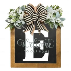 Initial Last Name Year Round Front Door Wreath Welcome Sign Garland Personalized Creative 26 Letter Farmhouse Wreath for Front Door Spring All Seasons Outside Hanger Decor Gift