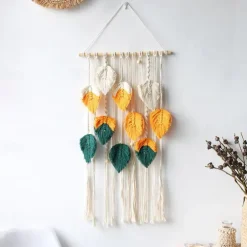 ins style nordic hand-woven feather leaf tapestry moroccan style colorful woven rope wall decoration homestay background fabric
