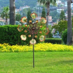 Iron Art Windmill Garden Ground Inserted Pinwheel Outdoor Rotatory Colorful Peacock Tail Windmill Courtyard Windmill Garden Craft Ornament