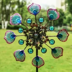 Iron Art Windmill Garden Ground Inserted Pinwheel Outdoor Rotatory Colorful Peacock Tail Windmill Courtyard Windmill Garden Craft Ornament