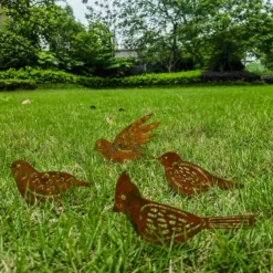Iron Rusty Birds Ground Stake Set, Garden Decoration Rust Birdie with Screws in Wood, Rust Decoration Garden Stake Rust for Garden Reusable