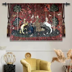 Jacquard Woven Medieval Tapestry Gobelin Aubusson The Lady and The Unicorn Loom Cotton Weave Wall Art Hanging Larger Tapestry Historic Middle Ages Tapestry Reproduction (without tassels and rod)