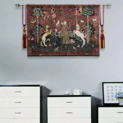 Jacquard Woven Medieval Tapestry Gobelin Aubusson The Lady and The Unicorn Loom Cotton Weave Wall Art Hanging Larger Tapestry Historic Middle Ages Tapestry Reproduction (without tassels and rod)