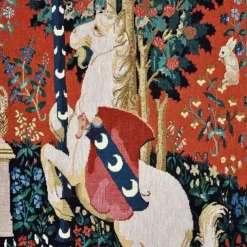 Jacquard Woven Medieval Tapestry Gobelin Aubusson The Lady and The Unicorn Loom Cotton Weave Wall Art Hanging Larger Tapestry Historic Middle Ages Tapestry Reproduction (without tassels and rod)