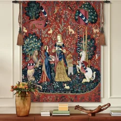 Jacquard Woven Medieval Tapestry Gobelin Aubusson The Lady and The Unicorn Loom Cotton Weave Wall Art Hanging Larger Tapestry Historic Middle Ages Tapestry Reproduction (without tassels and rod)
