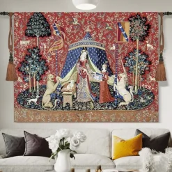 Jacquard Woven Medieval Tapestry Gobelin Aubusson The Lady and The Unicorn Loom Cotton Weave Wall Art Hanging Larger Tapestry Historic Middle Ages Tapestry Reproduction (without tassels and rod)