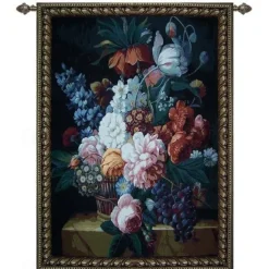 Jacquard Woven Tapestry Gobelin Aubusson Wall Art Hanging Aubusson Loom Cotton Weave Large Tapestry Reproduction Baroque Rococo Flowers (without tassels and rod)