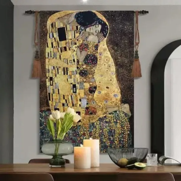 Jacquard Woven Tapestry Gobelin Aubusson Wall Hanging Klimt The Lover Loom Cotton Weave Living Room Bedroom Decoration(without Stick and Tassels)