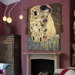 Jacquard Woven Tapestry Gobelin Aubusson Wall Hanging Klimt The Lover Loom Cotton Weave Living Room Bedroom Decoration(without Stick and Tassels)