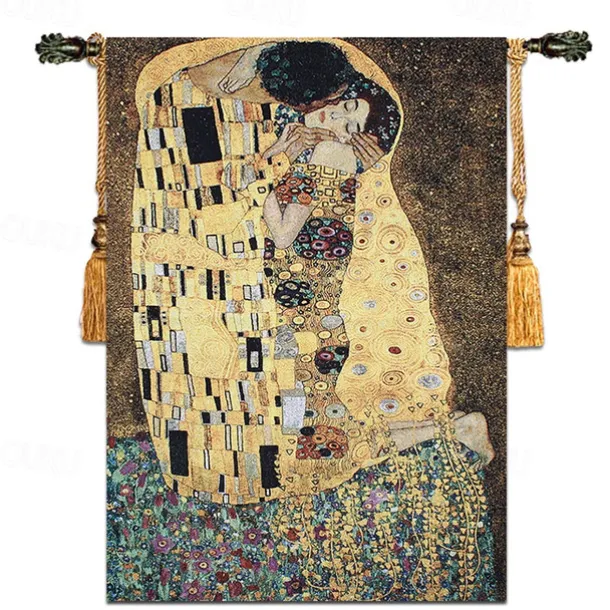 Jacquard Woven Tapestry Gobelin Aubusson Wall Hanging Klimt The Lover Loom Cotton Weave Living Room Bedroom Decoration(without Stick and Tassels)