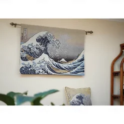 Jacquard Woven Tapestry Gobelin Aubusson Wall Art Hanging Large Tapestry Reproduction Loom Cotton Weave The Great Wave off Kanagawa Belgian Tapestry (without tassels and rod)