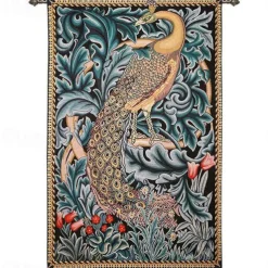 Jacquard Woven Tapestry Gobelin Aubusson Wall Art Hanging Large Tapestry Reproduction Loom Cotton Weave Forest Peacock Belgian Tapestry (without tassels and rod)