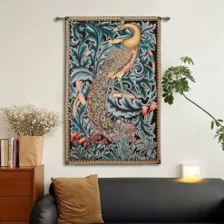Jacquard Woven Tapestry Gobelin Aubusson Wall Art Hanging Large Tapestry Reproduction Loom Cotton Weave Forest Peacock Belgian Tapestry (without tassels and rod)