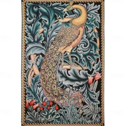 Jacquard Woven Tapestry Gobelin Aubusson Wall Art Hanging Large Tapestry Reproduction Loom Cotton Weave Forest Peacock Belgian Tapestry (without tassels and rod)