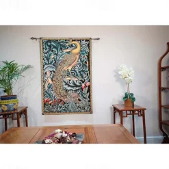 Jacquard Woven Tapestry Gobelin Aubusson Wall Art Hanging Large Tapestry Reproduction Loom Cotton Weave Forest Peacock Belgian Tapestry (without tassels and rod)