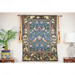 Jacquard Woven Tapestry Gobelin Aubusson Wall Art Hanging Large Tapestry Reproduction Loom Cotton Weave Forest Peacock Belgian Tapestry (without tassels and rod)