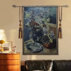 Jacquard Woven Tapestry Gobelin Aubusson Wall Art Hanging Loom Cotton Weave Large Tapestry Reproduction Spring Bouquet Still Life (without tassels and rod)