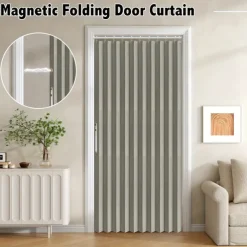Kitchen Curtains Doorways Pleated Folding Curtain with Hooks Waterproof Fabric Doors Curtain for Closet and Room Divider 1 Panel