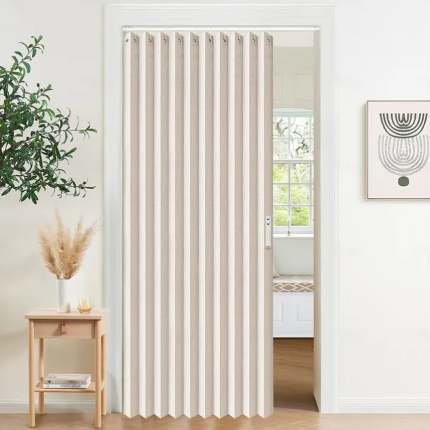 Kitchen Curtains Doorways Pleated Folding Curtain with Hooks Waterproof Fabric Doors Curtain for Closet and Room Divider 1 Panel