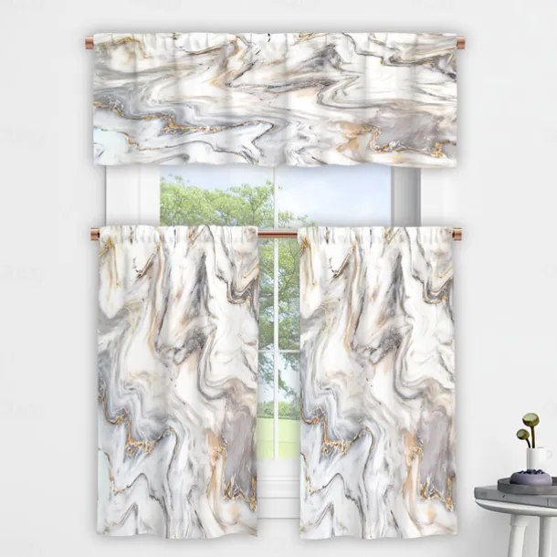 Kitchen Curtains Valance Tier Printed Marble Pattern Waterproof Oil Proof Stain Resistant Kitchen Bedroom Small Curtains