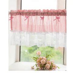 Kitchen Curtains, Valance Curtains, Short Cafe Curtains Farmhouse Tier Curtains Short Window Treatments With Lace 1 Panel Rod Pocket Plaid