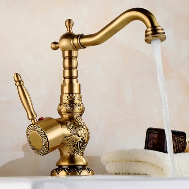 Kitchen faucet - Single Handle One Hole Antique Brass Standard Spout Centerset Retro Vintage Kitchen Taps